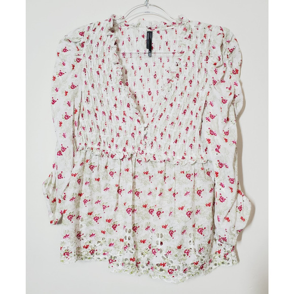 Anthropologie Womens Top Small Smocked Ruched Puff Sleeve Feminine Floral Lace - Picture 2 of 12